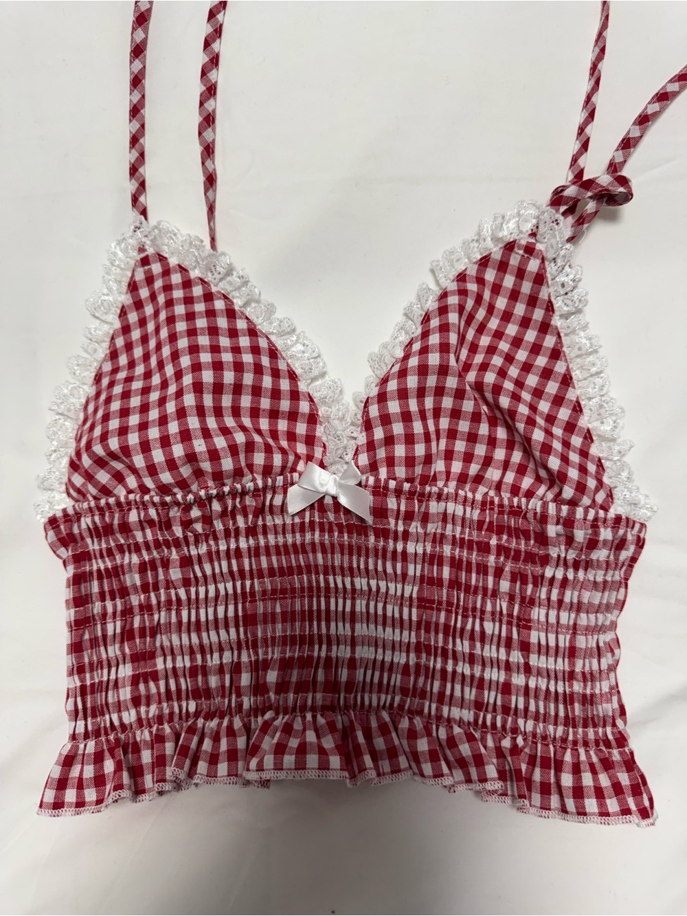 Red and White Gingham Lace Trim Tie-Strap Crop Top - Picture 2 of 3